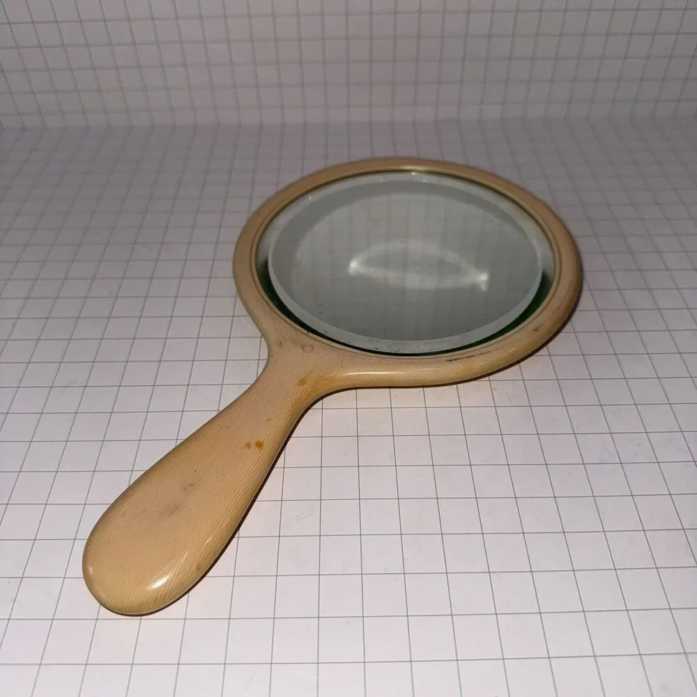 Vintage Art Deco Beveled Oval Celluloid Hand Mirror 9.5” approx Ivory Yellow